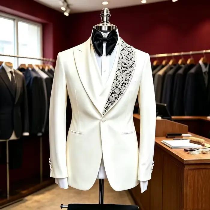 Costumes de Mariage Perlés pour Hommes, Tenue de Bal 3 Pièces, Smoking de Marié Sur Mesure, Luxe, Coupe Slim, Veste, Gilet et Pantalon Tendance 2026
