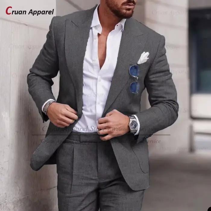 Ensemble de Blazer et Pantalon en Lin Bleu Ciel Décontracté pour Hommes Occasions Spéciales et Journées de Travail