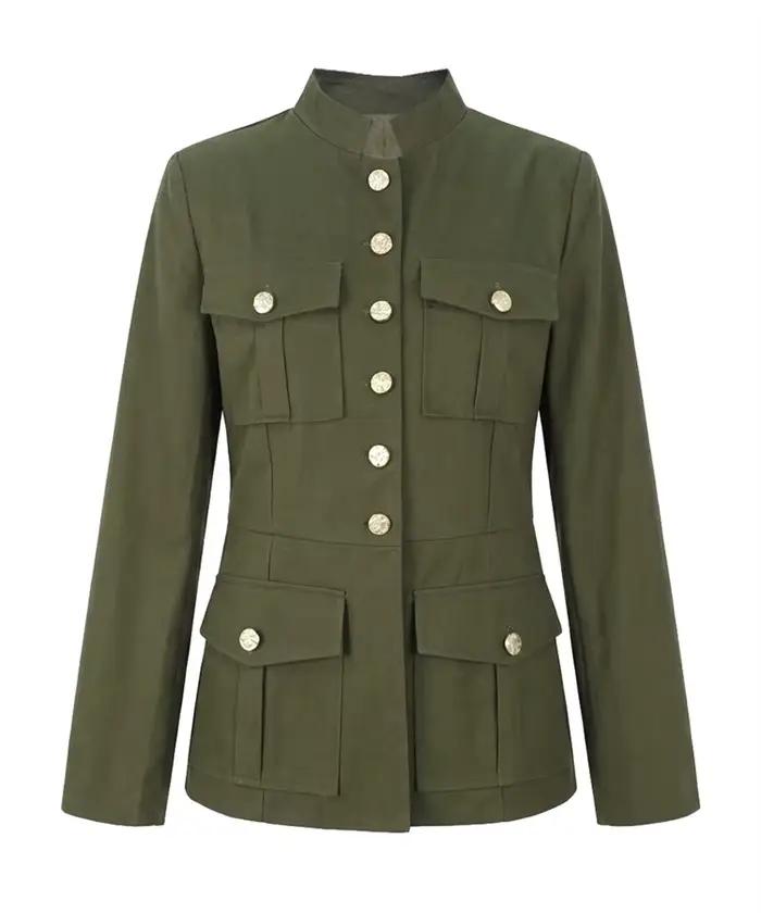 UOOZEE vestes de Style militaire pour femmes vert armée col montant bouton doré coupe ajustée multi-poches décontracté bureau Blazer vêtements d'extérieur
