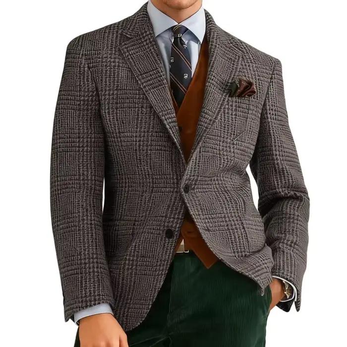 Automne hiver hommes costumes veste formelle simple boutonnage Plaid Blazer Tweed porter Tuxedos affaires décontracté