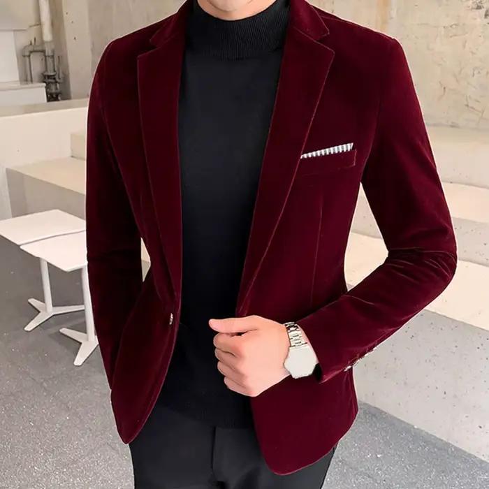 Costume manteau homme en velours, col rabattu bouton unique, élégant et polyvalent pour les hommes occasions spéciales