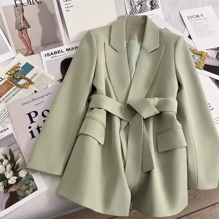 Veste de costume élégante vert émeraude avec ceinture style décontracté pour femmes mode de déplacement polyester pour sorties et événements