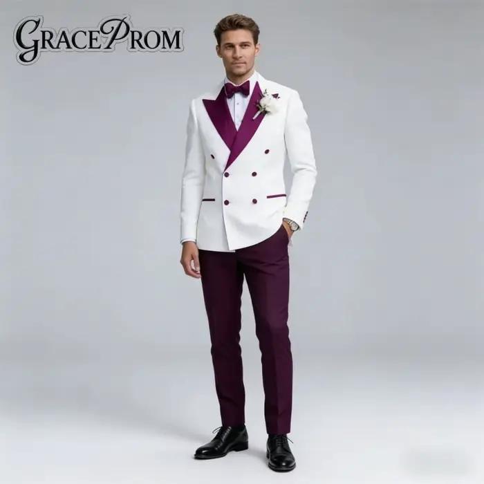 Costume de Mariage Homme Élégant Blanc et Violet avec Revers Châle