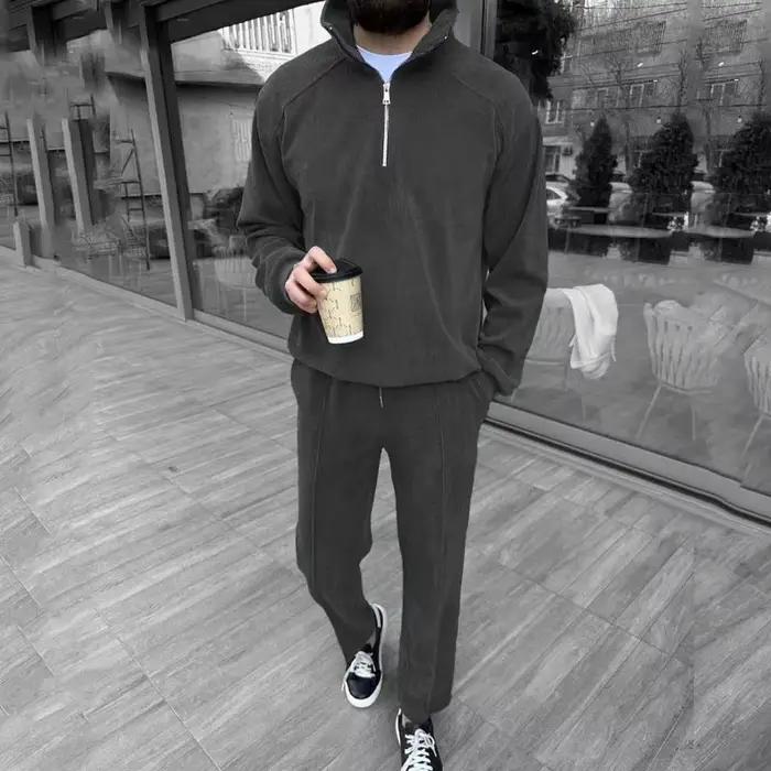 Nouveau costume décontracté pour homme en velours côtelé tendance avec col montant et demi-fermeture éclair