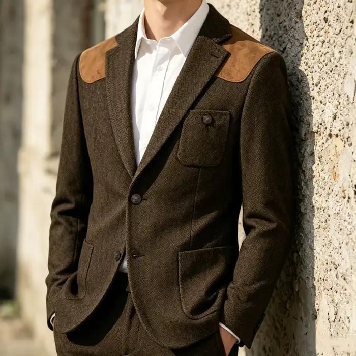 Blazer décontracté rétro pour homme en tweed à chevrons