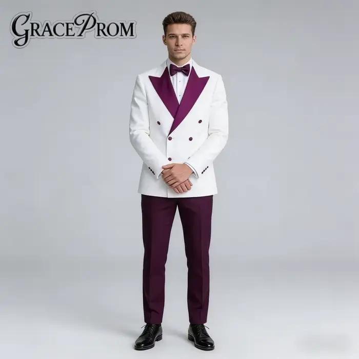 Costume de Mariage Homme Élégant Blanc et Violet avec Revers Châle
