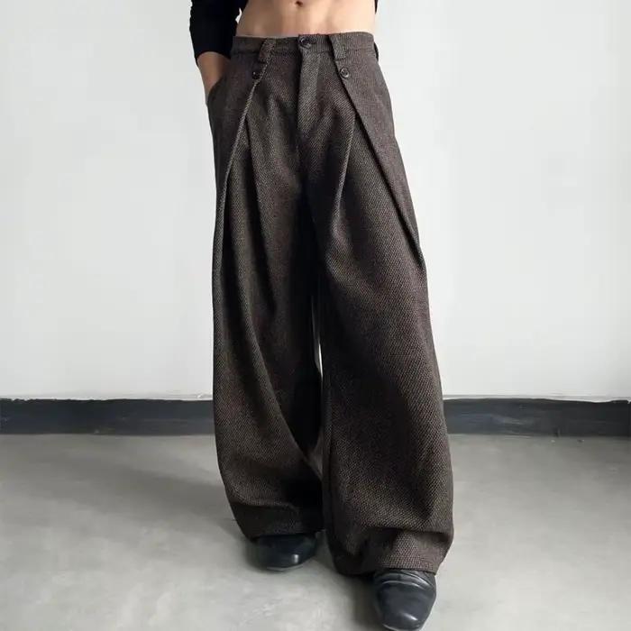 Mode plis bouton jambe large costume pantalon vêtements pour hommes américain couleur unie automne hiver rétro