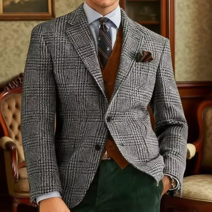 Automne hiver hommes costumes veste formelle simple boutonnage Plaid Blazer Tweed porter Tuxedos affaires décontracté