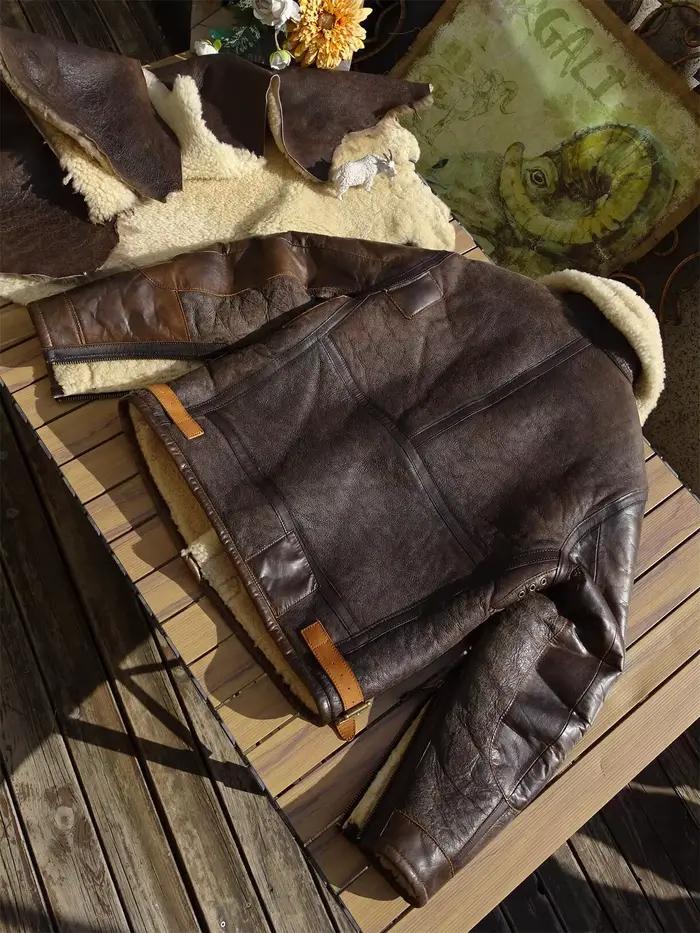 Veste d'hiver en peau de mouton marron foncé pour homme