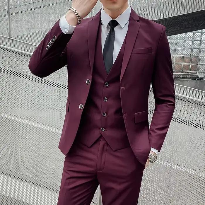 Costume homme (Blazer + gilet + pantalon) 2025 Gentleman d'affaires à la mode et ajusté travail décontracté couleur
