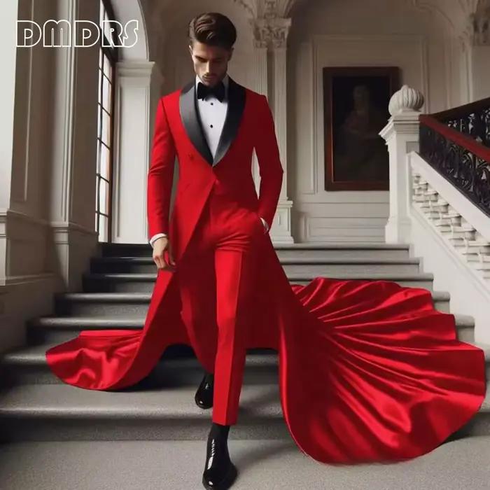 Costume de luxe homme taille large veste avec longue traîne col châle noir élégant costume à un bouton ensemble pantalon de smoking occasions spéciales mariage