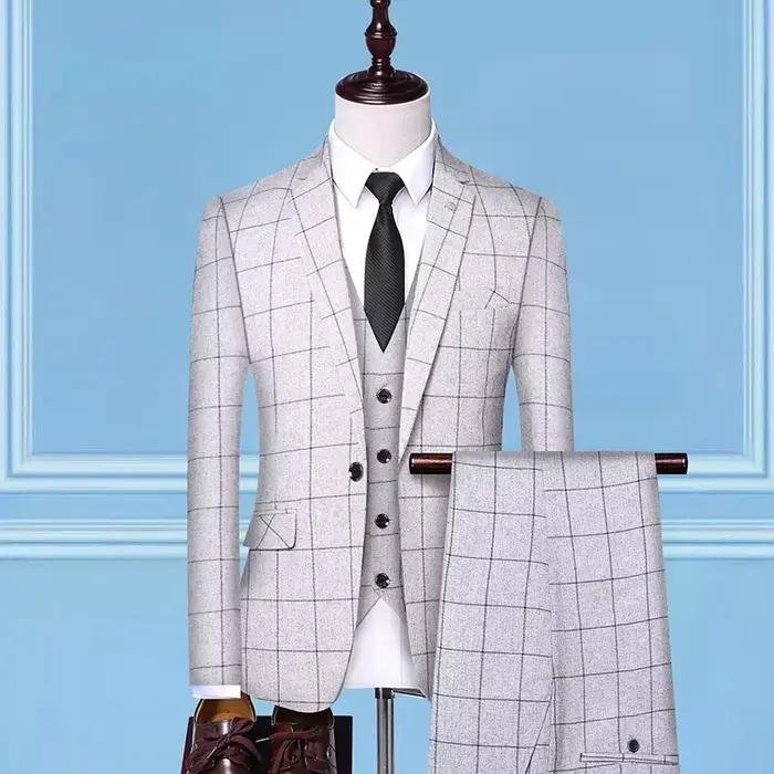 Costume (Blazer + gilet + pantalon) mode affaires décontracté Gentleman hommes Style italien élégant Plaid mince formel