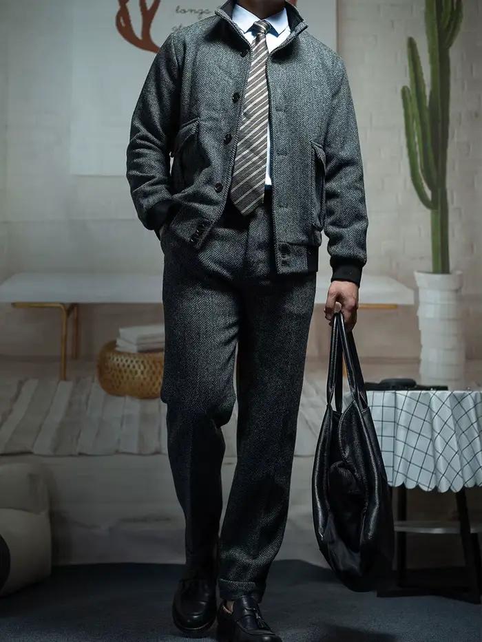 Veste Tweed Vintage à Chevrons POT & CRAFTSMAN pour Homme Style Décontracté Universitaire Automne Hiver Laine Coton Manche Côtelée Col Rabattu