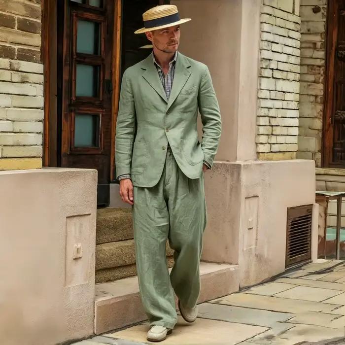 Costume de bal décontracté en lin beige 2 pièces style vintage années 70 pour homme