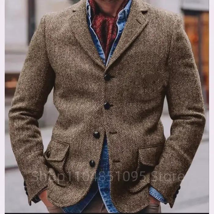 Veste de costume marron à chevrons pour hommes, style décontracté, col entaillé, laine et polyester, vestes de costume pour hommes, automne et hiver, occasions spéciales