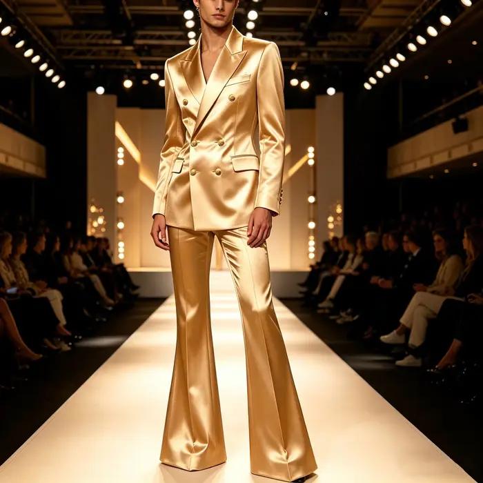 Ensemble de costume de luxe 2 pièces en satin pour homme – Blazer croisé à revers pointus et pantalon évasé – Tenue de