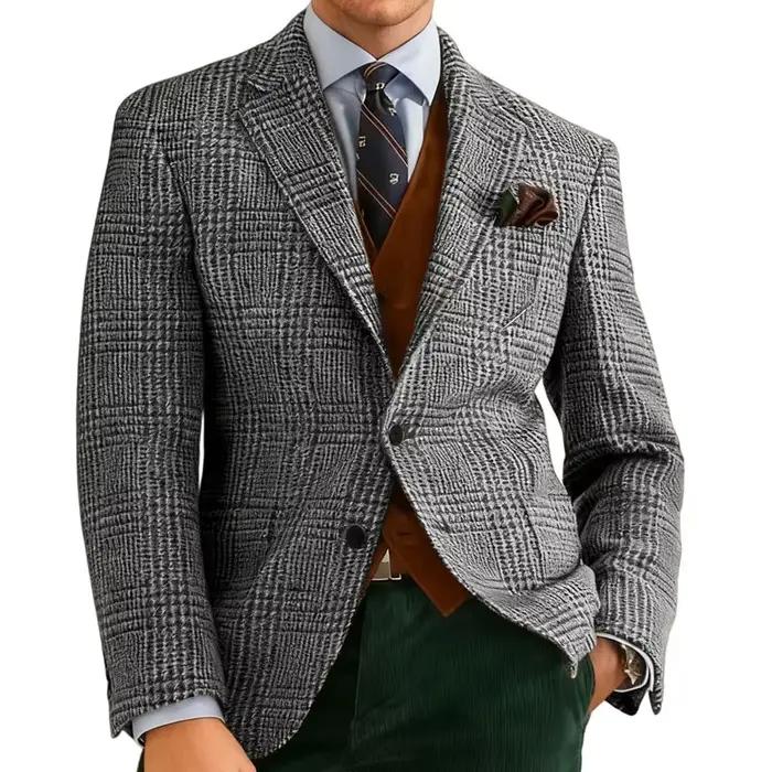 Automne hiver hommes costumes veste formelle simple boutonnage Plaid Blazer Tweed porter Tuxedos affaires décontracté