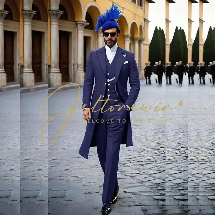 Costumes pour hommes bleu royal 3 pièces Veste longue Gilet Pantalon Revers en pointe Queue-de-pie Tenues Business Casual Tenue de bureau Mariage Smoking
