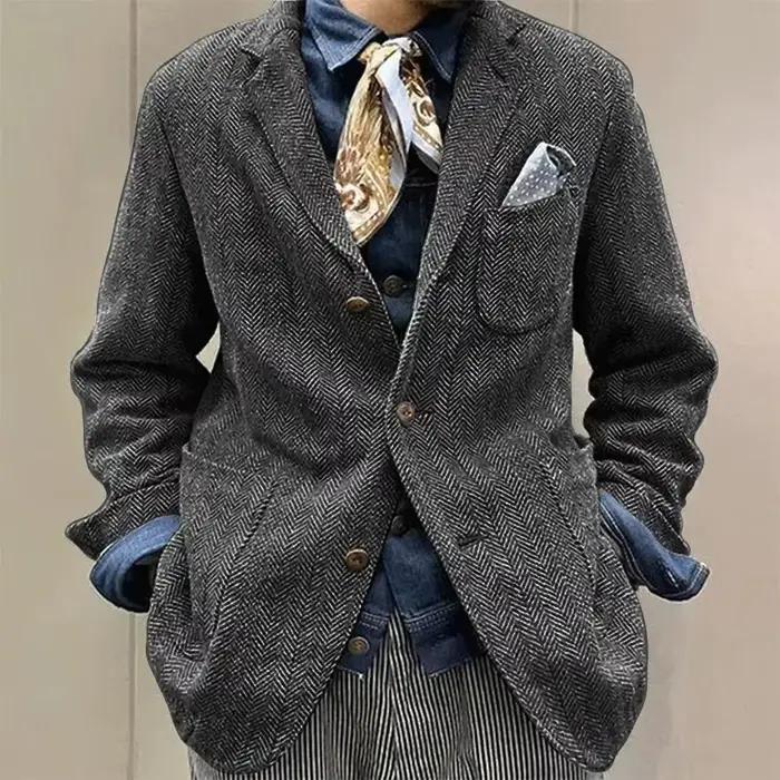 Blazer en tweed à chevrons pour homme, style vintage britannique, coupe ajustée, veste de costume en mélange de laine, revers cranté, manteau formel et décontracté pour affaires