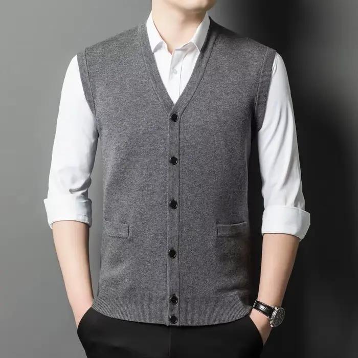 2025 hommes 100% laine mérinos super fine gilets sans manches Cardigans homme Pure