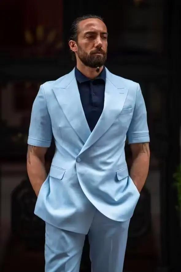 Costume homme sur mesure 2 pièces à manches courtes pour l'été, les mariages, les bals et les affaires en polyester avec boutonnage simple et ouverture totale