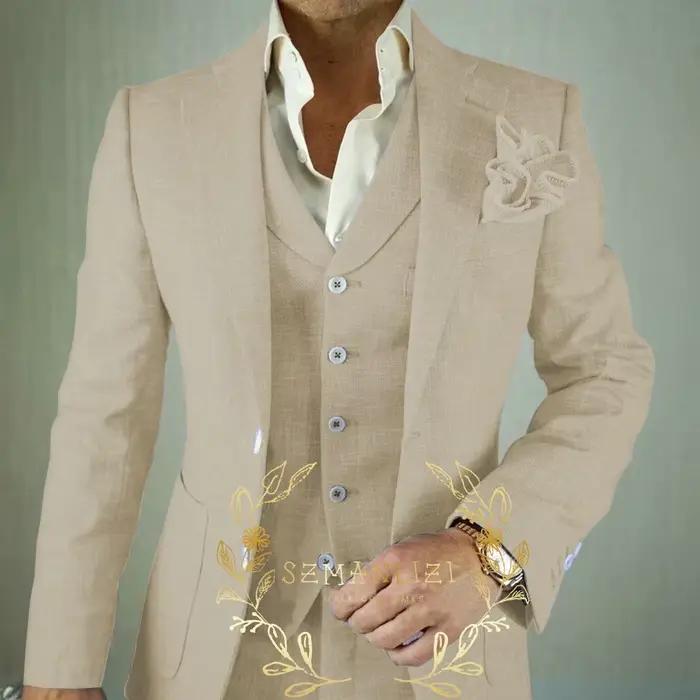Costume 3 pièces en lin Beige pour hommes