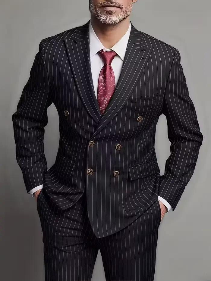 Costume Homme Deux Pièces Croisé Tendance et Ajusté pour Mariage ou Tenue Décontractée en Tissu Rayé