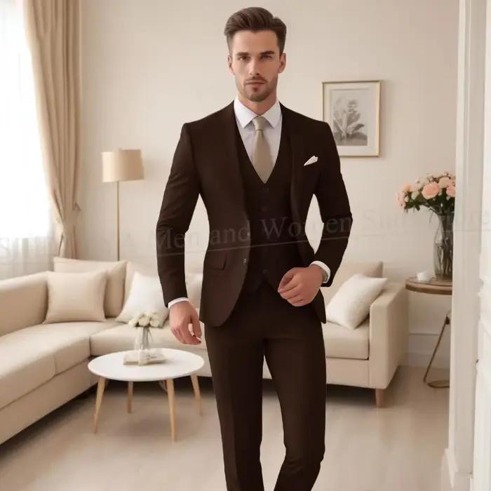 Smoking à simple boutonnage pour hommes, costume beige 3 pièces, revers cranté, chic et décontracté pour mariage et occasions formelles