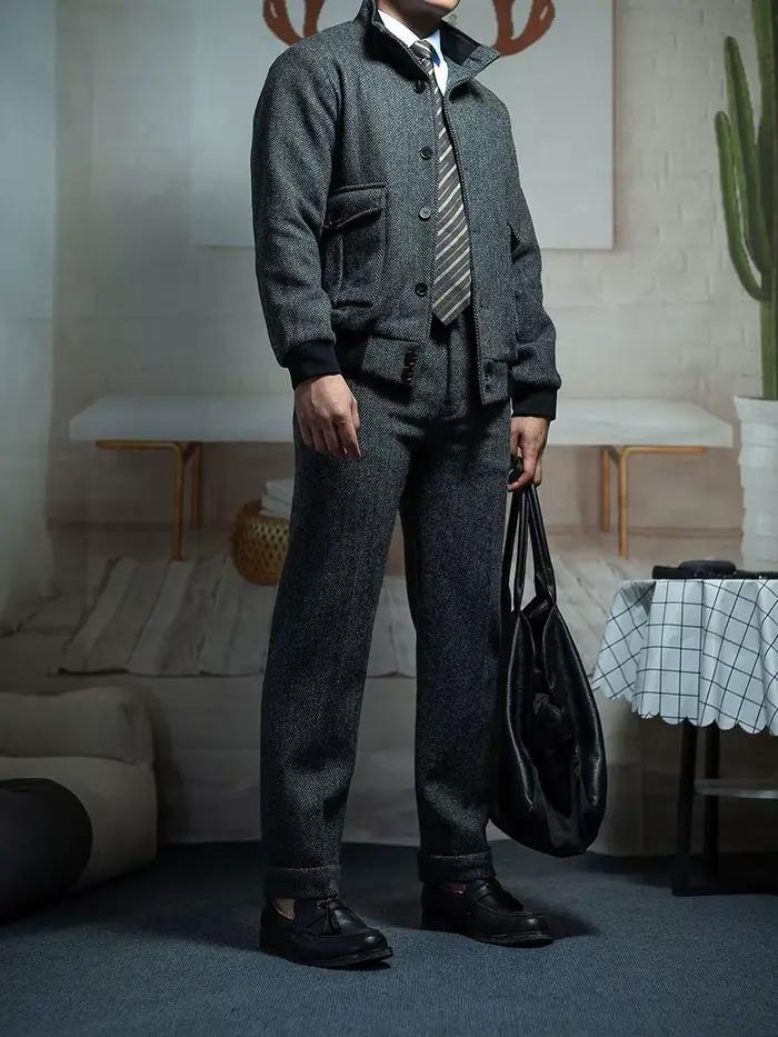 Veste Tweed Vintage à Chevrons POT & CRAFTSMAN pour Homme Style Décontracté Universitaire Automne Hiver Laine Coton Manche Côtelée Col Rabattu