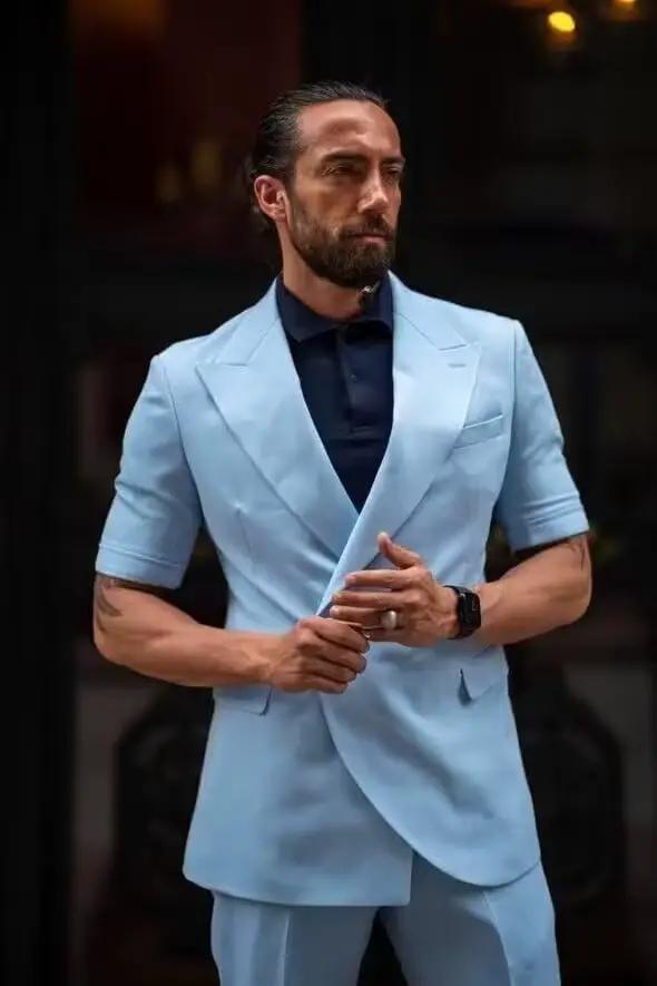 Costume homme sur mesure 2 pièces à manches courtes pour l'été, les mariages, les bals et les affaires en polyester avec boutonnage simple et ouverture totale