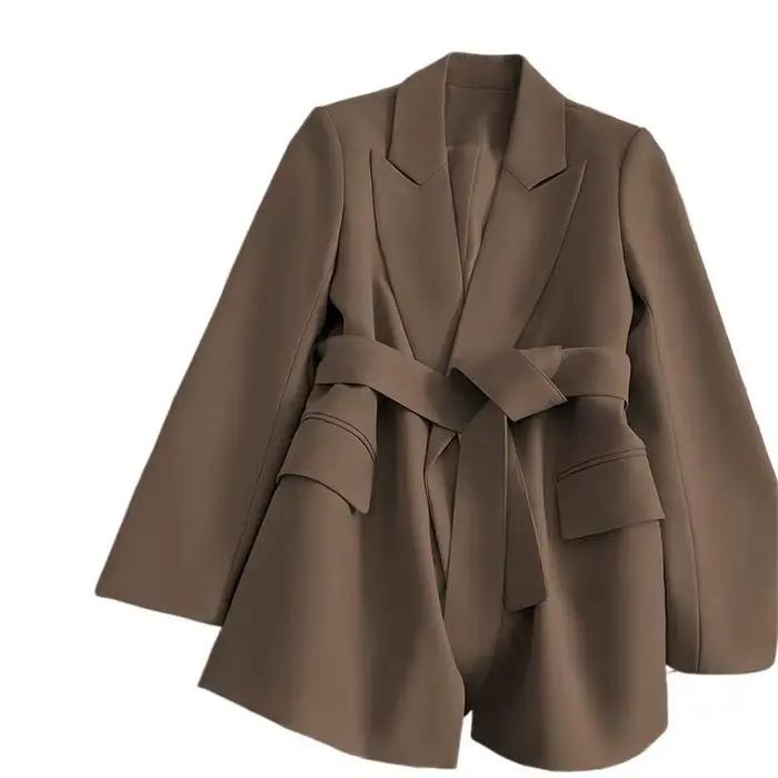 Veste de costume élégante vert émeraude avec ceinture style décontracté pour femmes mode de déplacement polyester pour sorties et événements