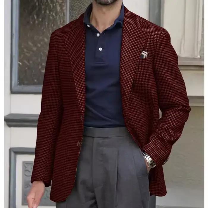 Nouvelle Veste de Costume pour Hommes en Tissu Pied-de-Poule Kaki, Décontractée et Confortable pour Occasions Formelles et Informelles