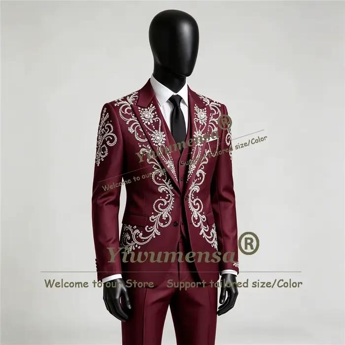 Costume de Mariage de Luxe pour Homme – Veste, Gilet et Pantalon Brodés à la Main – Smoking de Marié Personnalisé Coupe Slim 3 Pièces – Trajes Para Hombre