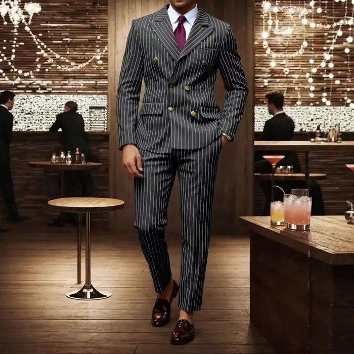 Costume classique marron rayé pour homme, veste boutonnée, pantalon, tenue de soirée pour hommes, mariage, gala, événements professionnels