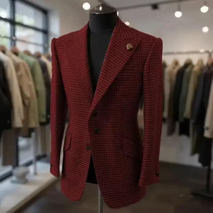 Veste formelle pied-de-poule laine marron blazer avec revers de pointe décontracté pour hommes mariage affaires fête automne hiver personnalisé