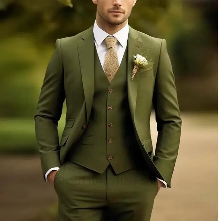 Costumes pour hommes verts décontractés 3 pièces coupe ajustée encoche/vers de pointe vêtements de marié de mariage