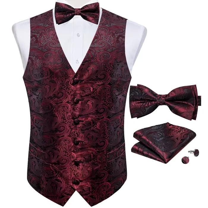 Ensemble d'accessoires pour gilet Paisley bordeaux nœud papillon pochette boutons de manchette pour soirées galas et fiançailles hommes four seasons