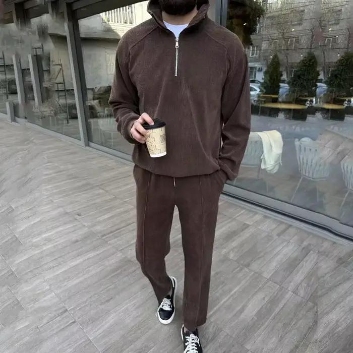 Nouveau costume décontracté pour homme en velours côtelé tendance avec col montant et demi-fermeture éclair