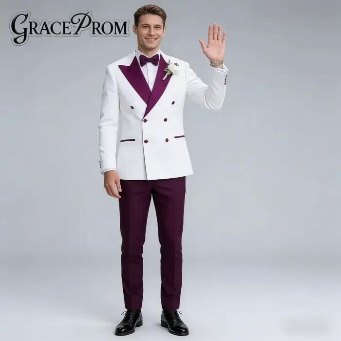 Costume de Mariage Homme Élégant Blanc et Violet avec Revers Châle