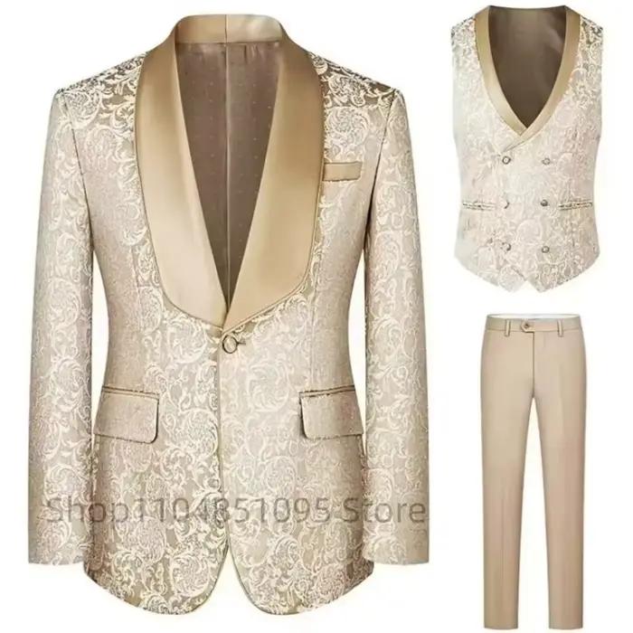 Costume de smoking formel 3 pièces en jacquard champagne pour homme avec blazer à revers châle ajusté pour mariés témoins et occasions spéciales