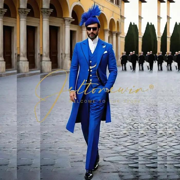 Costumes pour hommes bleu royal 3 pièces Veste longue Gilet Pantalon Revers en pointe Queue-de-pie Tenues Business Casual Tenue de bureau Mariage Smoking