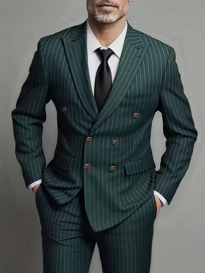 Costume Homme Deux Pièces Croisé Tendance et Ajusté pour Mariage ou Tenue Décontractée en Tissu Rayé