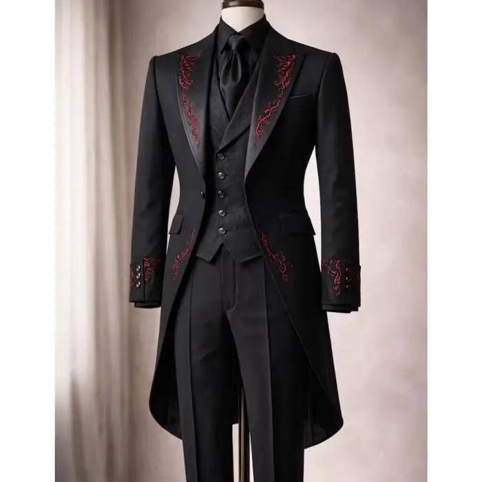 Costume de smoking noir 3 pièces avec broderie rouge