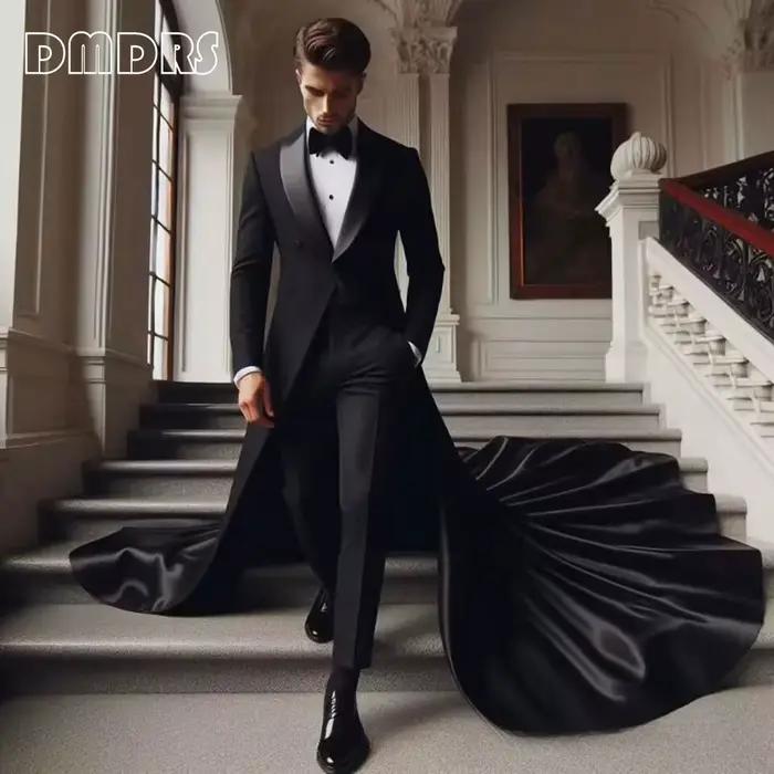 Costume de luxe homme taille large veste avec longue traîne col châle noir élégant costume à un bouton ensemble pantalon de smoking occasions spéciales mariage
