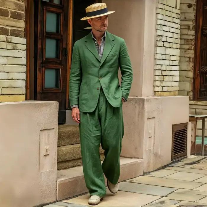 Costume de bal décontracté en lin beige 2 pièces style vintage années 70 pour homme