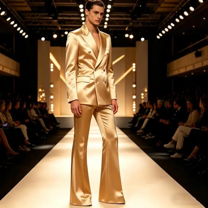 Ensemble de costume de luxe 2 pièces en satin pour homme – Blazer croisé à revers pointus et pantalon évasé – Tenue de