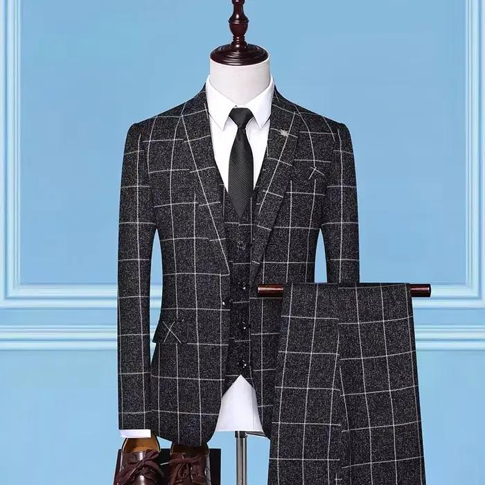 Costume (Blazer + gilet + pantalon) mode affaires décontracté Gentleman hommes Style italien élégant Plaid mince formel