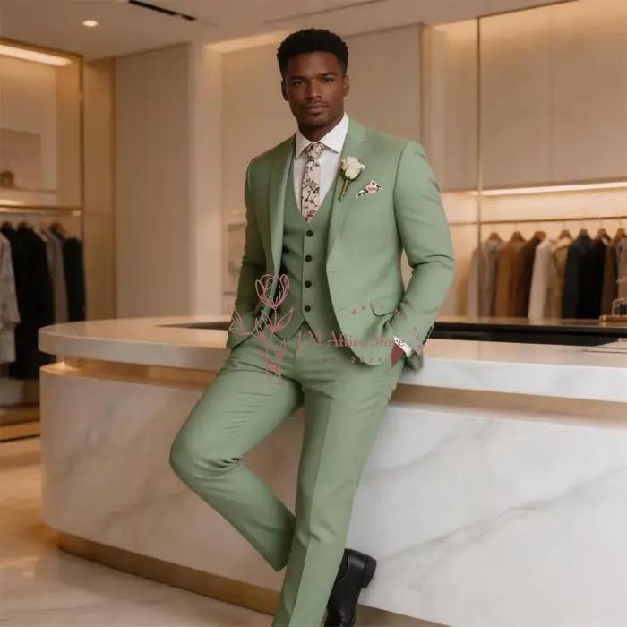 Costume de mariage 3 pièces vert militaire pour hommes ajusté sur mesure pour mariage rendez-vous galant et soirée de bal