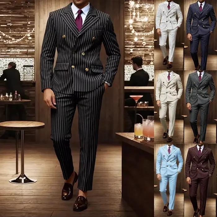 Costume classique marron rayé pour homme, veste boutonnée, pantalon, tenue de soirée pour hommes, mariage, gala, événements professionnels