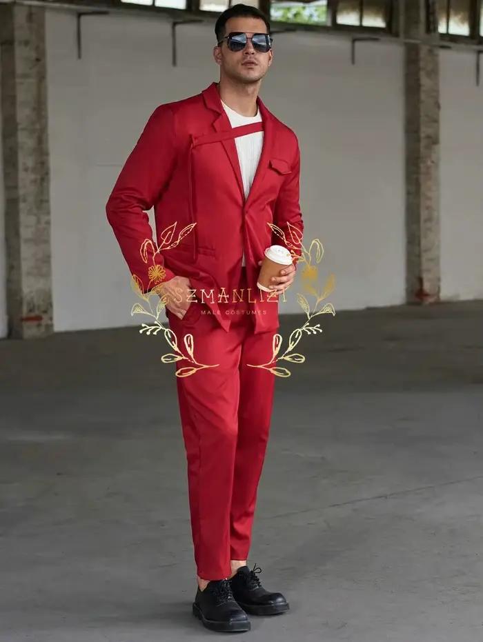 Smoking Rouge Formel avec Blazer à Revers Crantés, Costume de Soirée pour Hommes Occasions Spéciales